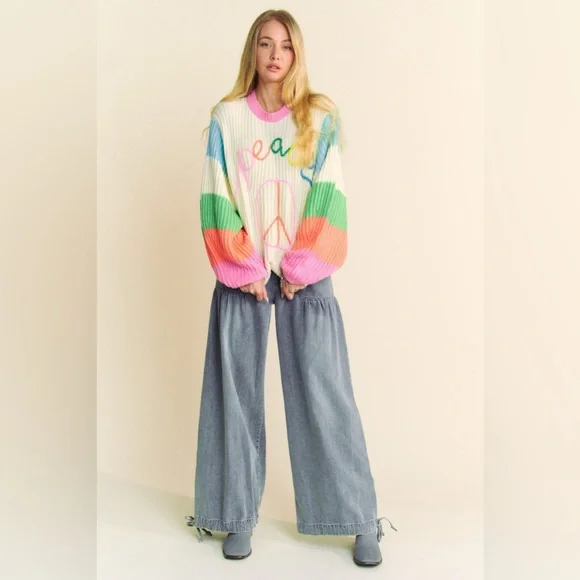 Multicolor Striped Peace Sign Balloon Sleeve Sweater - Davi & Dani - Picture 7 of 8